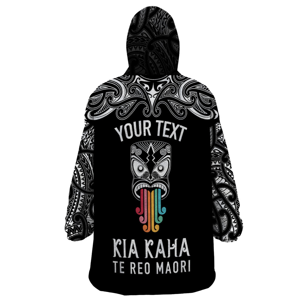 Personalised Kia Kaha Te Reo Maori Wearable Blanket Hoodie Hei Tiki Mix Koru - Black LT7 - Polynesian Pride