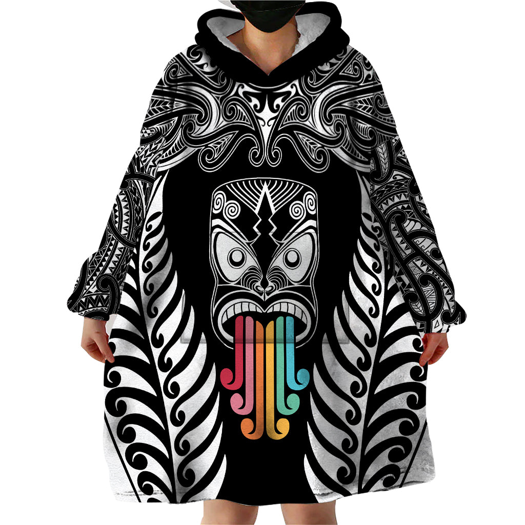 Personalised Kia Kaha Te Reo Maori Wearable Blanket Hoodie Hei Tiki Mix Koru - Black LT7 - Polynesian Pride