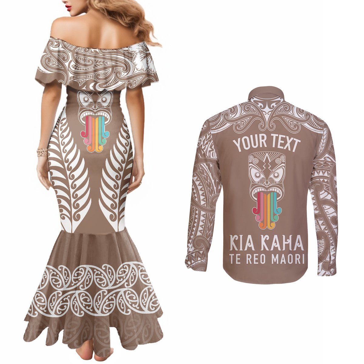 Personalised Kia Kaha Te Reo Maori Couples Matching Mermaid Dress and Long Sleeve Button Shirts Hei Tiki Mix Koru - Brown LT7 - Polynesian Pride