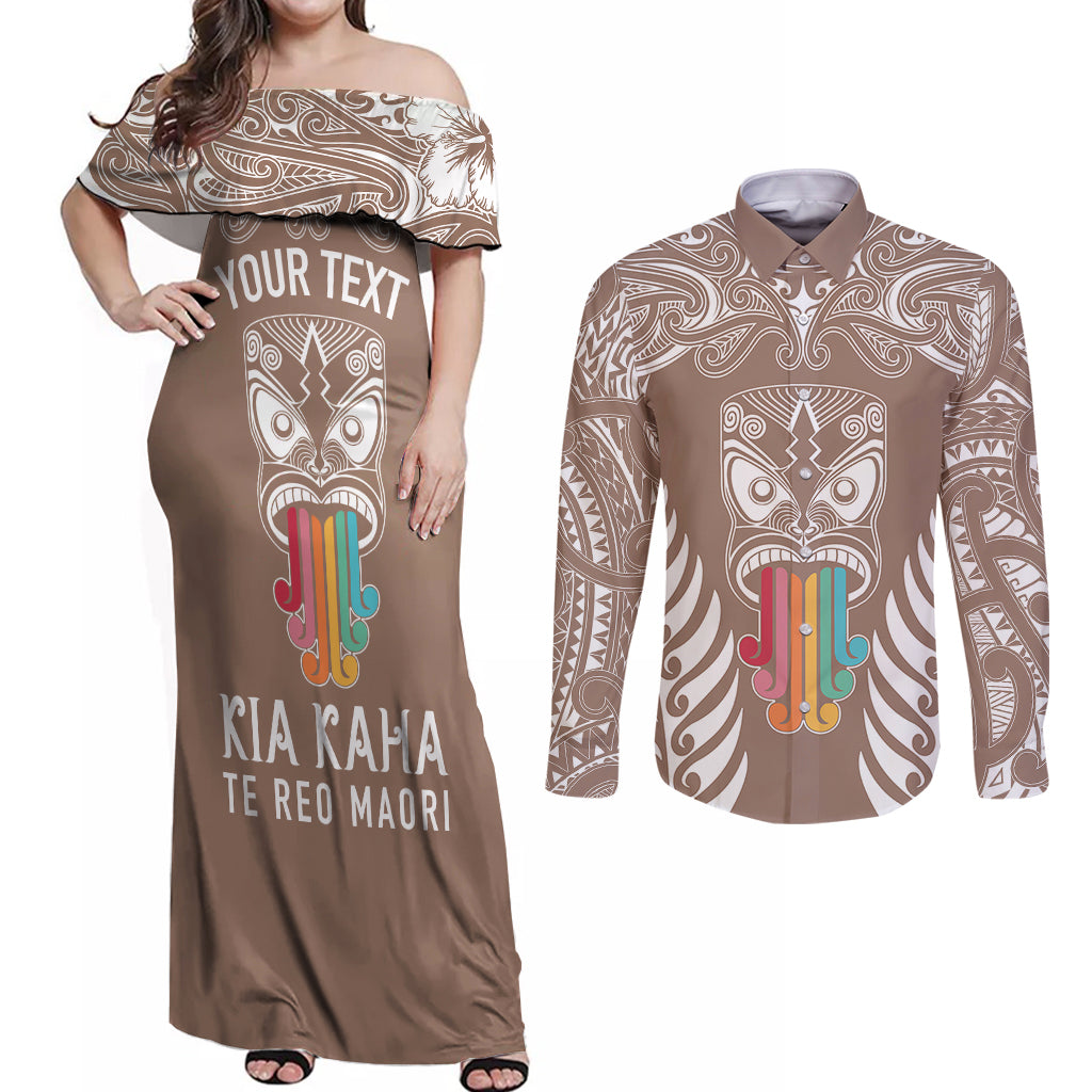 Personalised Kia Kaha Te Reo Maori Couples Matching Off Shoulder Maxi Dress and Long Sleeve Button Shirts Hei Tiki Mix Koru - Brown LT7 Brown - Polynesian Pride