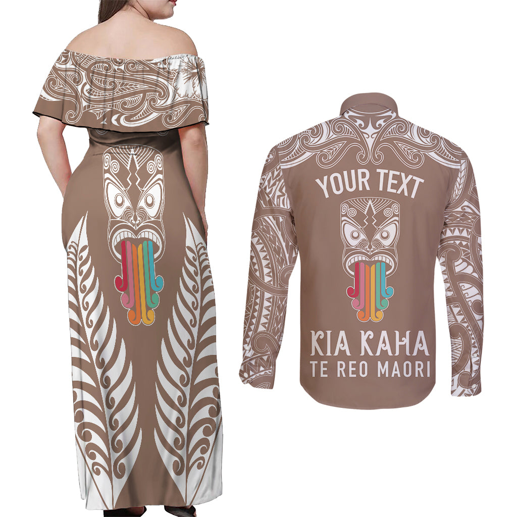 Personalised Kia Kaha Te Reo Maori Couples Matching Off Shoulder Maxi Dress and Long Sleeve Button Shirts Hei Tiki Mix Koru - Brown LT7 - Polynesian Pride
