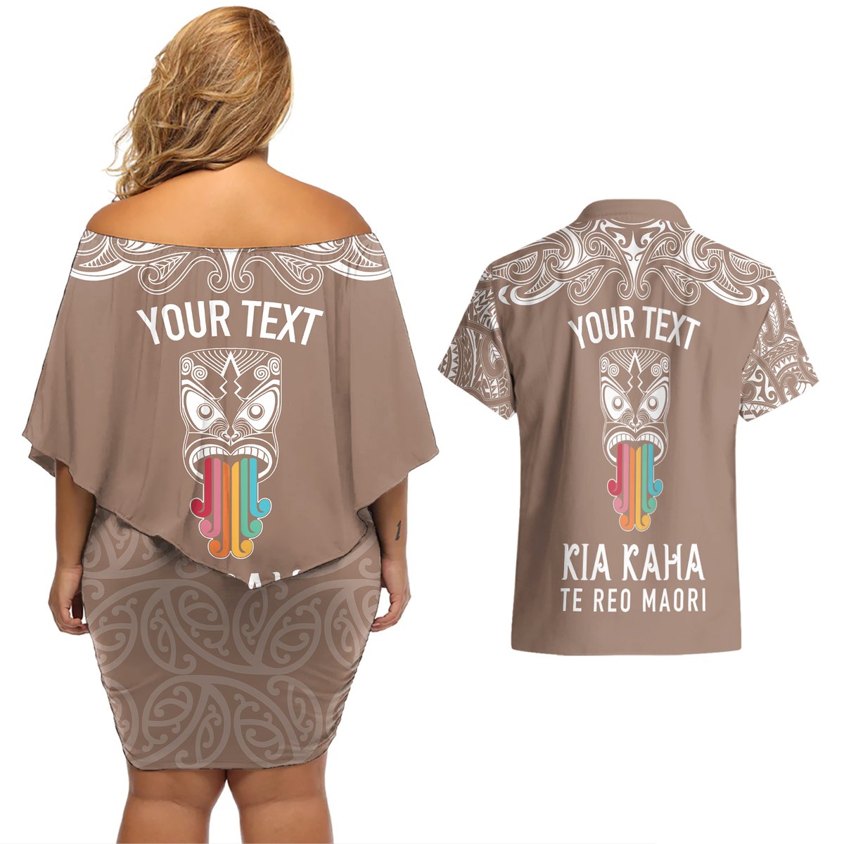 Personalised Kia Kaha Te Reo Maori Couples Matching Off Shoulder Short Dress and Hawaiian Shirt Hei Tiki Mix Koru - Brown LT7 - Polynesian Pride