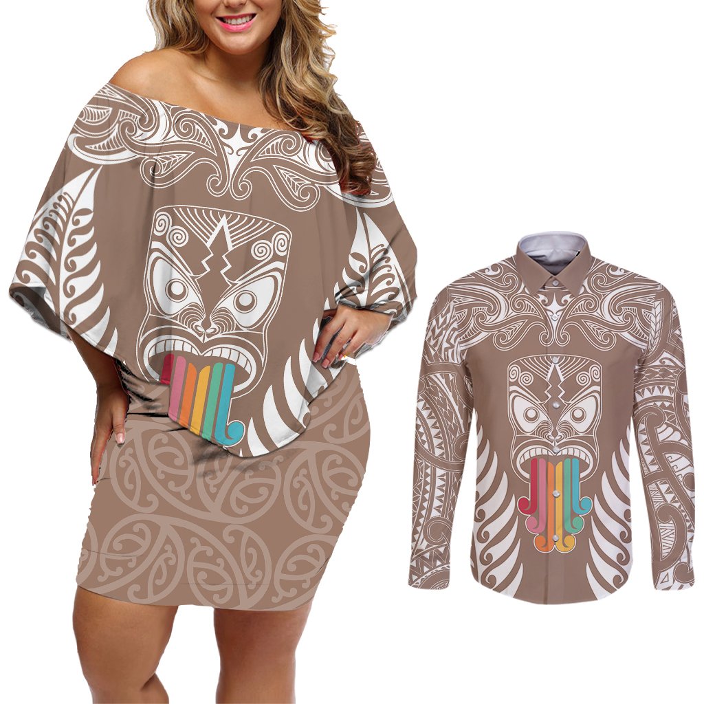 personalised-kia-kaha-te-reo-maori-couples-matching-off-shoulder-short-dress-and-long-sleeve-button-shirts-hei-tiki-mix-koru-brown