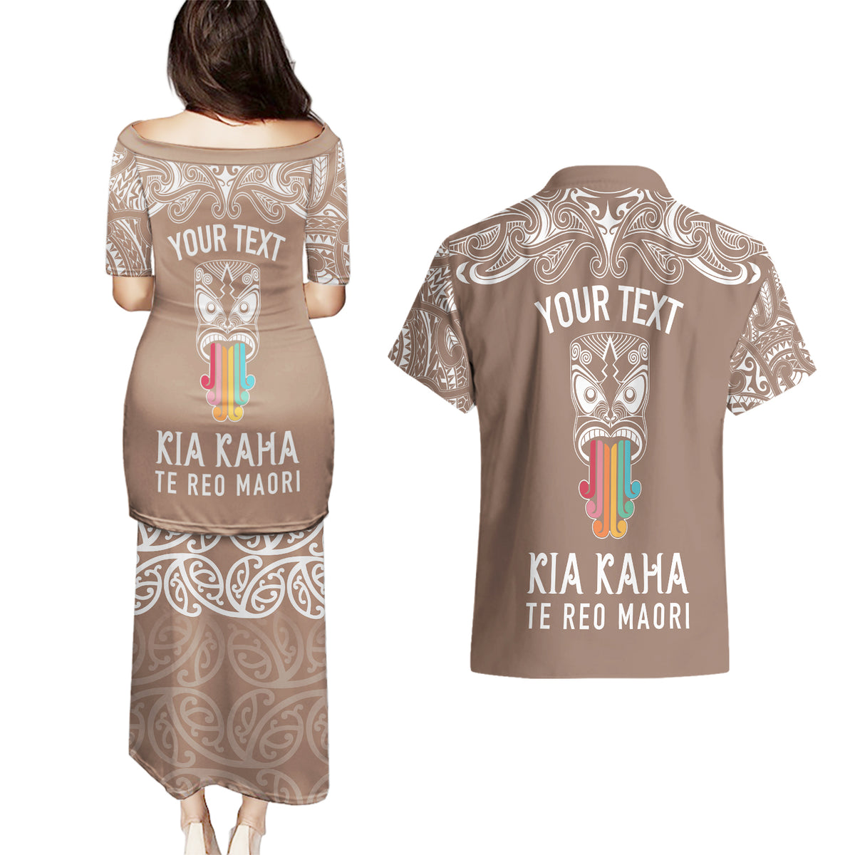 Personalised Kia Kaha Te Reo Maori Couples Matching Puletasi Dress and Hawaiian Shirt Hei Tiki Mix Koru - Brown LT7 - Polynesian Pride