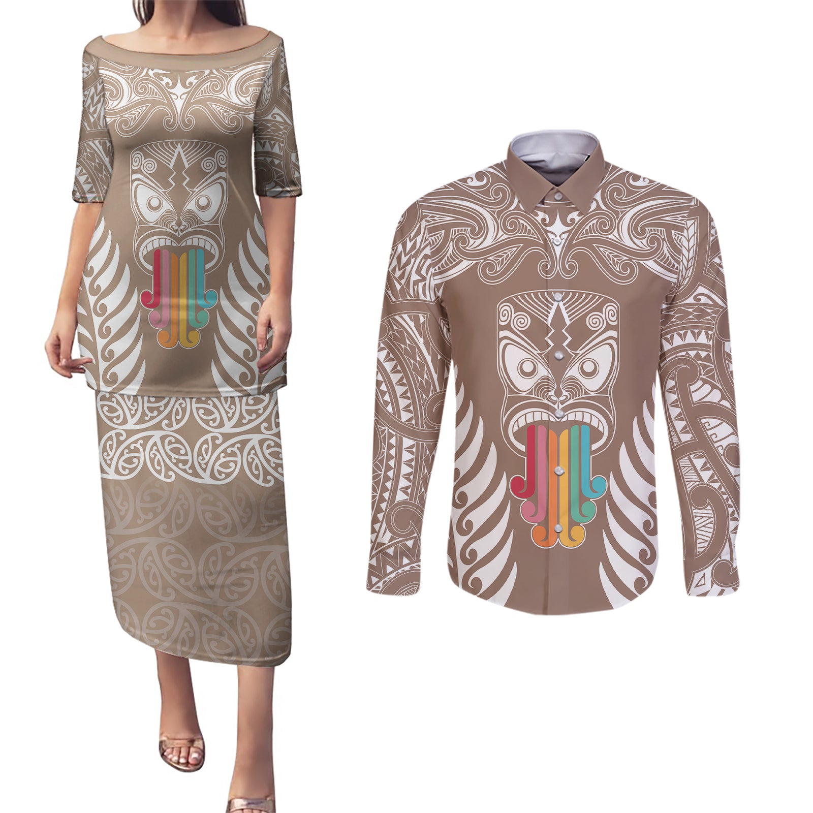 personalised-kia-kaha-te-reo-maori-couples-matching-puletasi-dress-and-long-sleeve-button-shirts-hei-tiki-mix-koru-brown