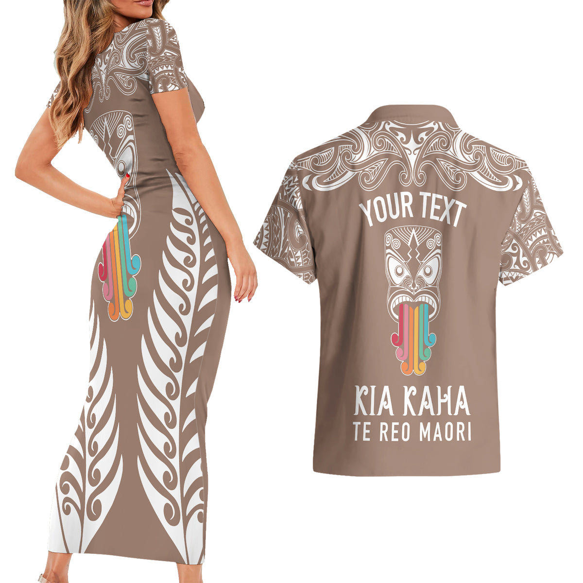 Personalised Kia Kaha Te Reo Maori Couples Matching Short Sleeve Bodycon Dress and Hawaiian Shirt Hei Tiki Mix Koru - Brown LT7 - Polynesian Pride