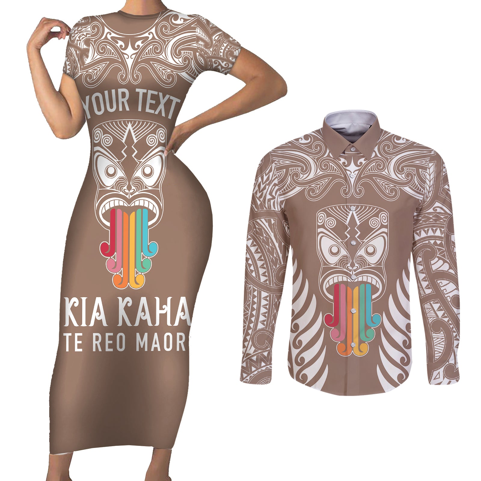 personalised-kia-kaha-te-reo-maori-couples-matching-short-sleeve-bodycon-dress-and-long-sleeve-button-shirts-hei-tiki-mix-koru-brown