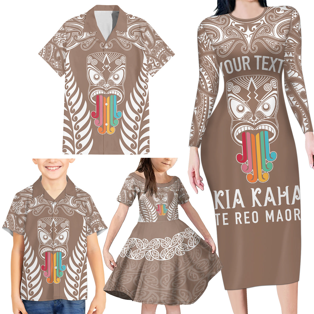 Personalised Kia Kaha Te Reo Maori Family Matching Long Sleeve Bodycon Dress and Hawaiian Shirt Hei Tiki Mix Koru - Brown LT7 - Polynesian Pride