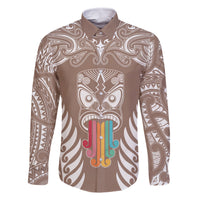 Personalised Kia Kaha Te Reo Maori Family Matching Long Sleeve Bodycon Dress and Hawaiian Shirt Hei Tiki Mix Koru - Brown LT7 Dad's Shirt - Long Sleeve Brown - Polynesian Pride