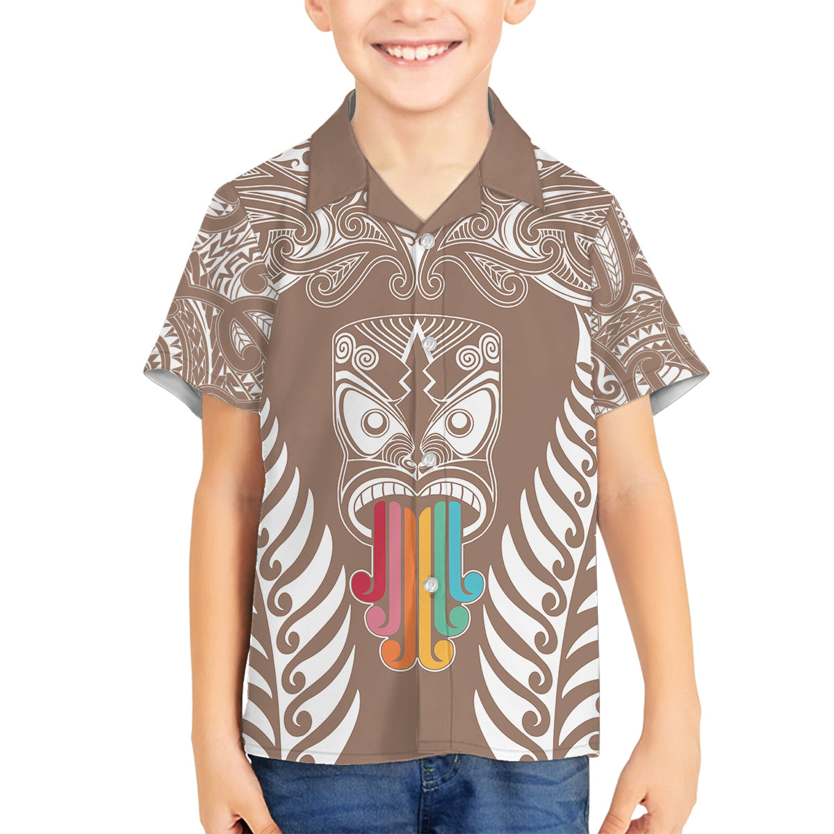 Personalised Kia Kaha Te Reo Maori Family Matching Long Sleeve Bodycon Dress and Hawaiian Shirt Hei Tiki Mix Koru - Brown LT7 Son's Shirt Brown - Polynesian Pride