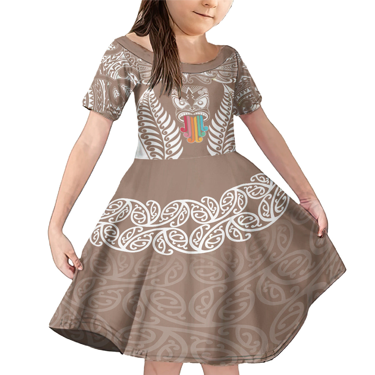 Personalised Kia Kaha Te Reo Maori Family Matching Mermaid Dress and Hawaiian Shirt Hei Tiki Mix Koru - Brown LT7 Daughter's Dress Brown - Polynesian Pride