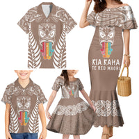 Personalised Kia Kaha Te Reo Maori Family Matching Mermaid Dress and Hawaiian Shirt Hei Tiki Mix Koru - Brown LT7 - Polynesian Pride