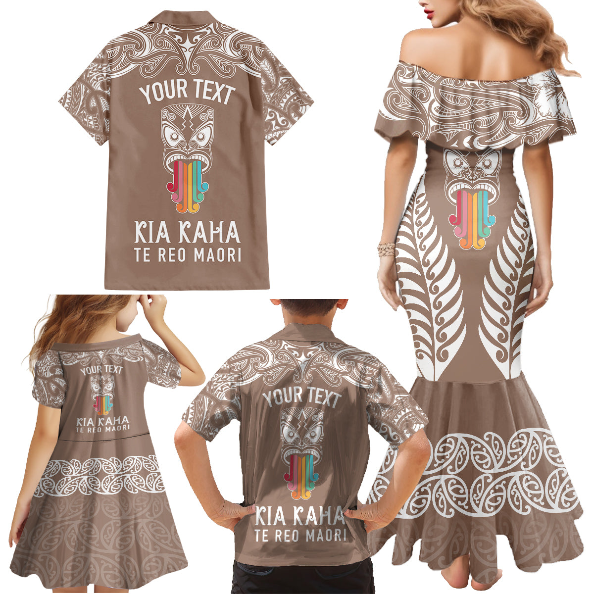 Personalised Kia Kaha Te Reo Maori Family Matching Mermaid Dress and Hawaiian Shirt Hei Tiki Mix Koru - Brown LT7 - Polynesian Pride