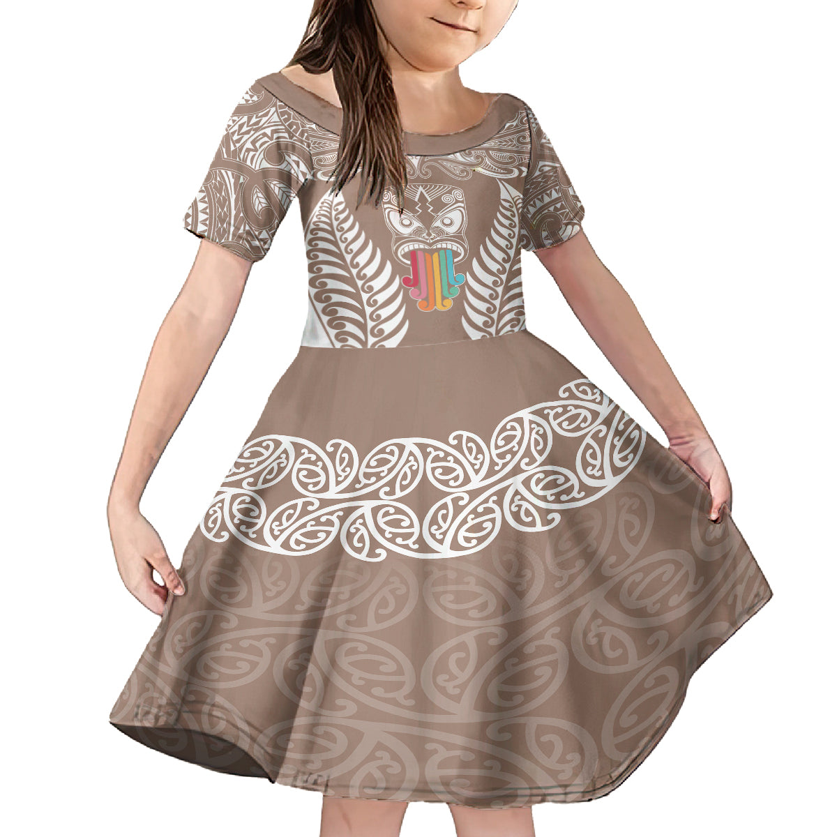 Personalised Kia Kaha Te Reo Maori Family Matching Off Shoulder Long Sleeve Dress and Hawaiian Shirt Hei Tiki Mix Koru - Brown LT7 Daughter's Dress Brown - Polynesian Pride