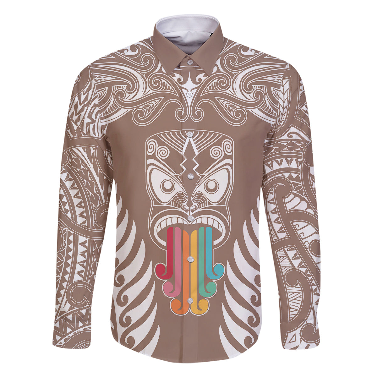 Personalised Kia Kaha Te Reo Maori Family Matching Off Shoulder Long Sleeve Dress and Hawaiian Shirt Hei Tiki Mix Koru - Brown LT7 Dad's Shirt - Long Sleeve Brown - Polynesian Pride