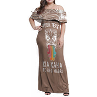 Personalised Kia Kaha Te Reo Maori Family Matching Off Shoulder Maxi Dress and Hawaiian Shirt Hei Tiki Mix Koru - Brown LT7 Dad's Shirt - Long Sleeve Brown - Polynesian Pride