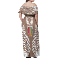 Personalised Kia Kaha Te Reo Maori Family Matching Off Shoulder Maxi Dress and Hawaiian Shirt Hei Tiki Mix Koru - Brown LT7 - Polynesian Pride