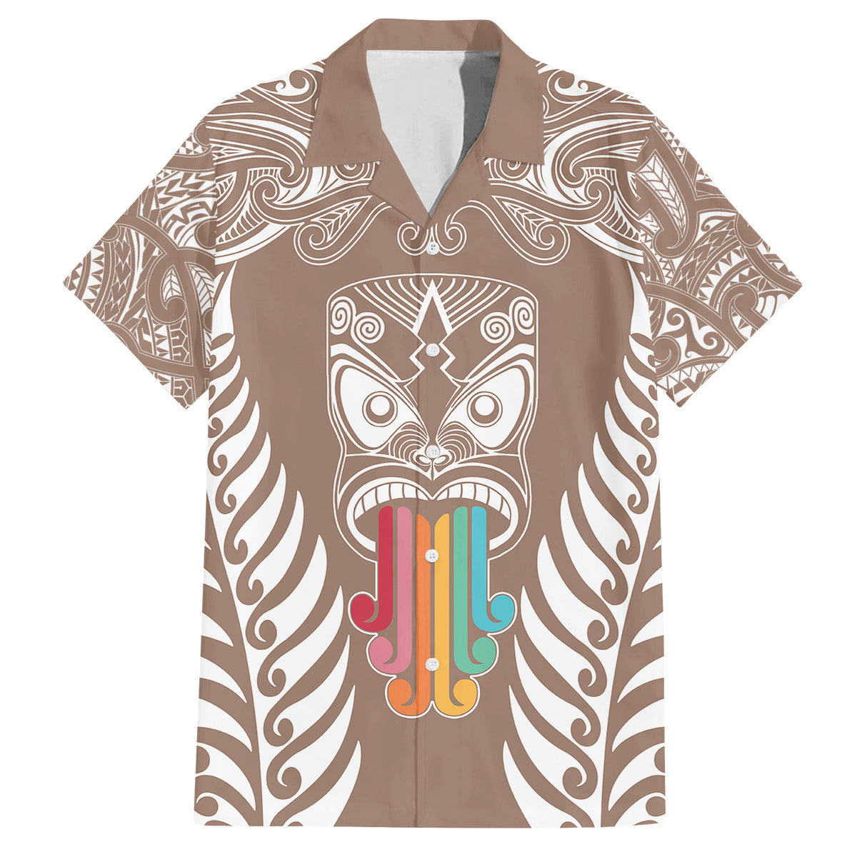 Personalised Kia Kaha Te Reo Maori Family Matching Off Shoulder Maxi Dress and Hawaiian Shirt Hei Tiki Mix Koru - Brown LT7 Mom's Dress Brown - Polynesian Pride