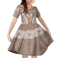 Personalised Kia Kaha Te Reo Maori Family Matching Off Shoulder Short Dress and Hawaiian Shirt Hei Tiki Mix Koru - Brown LT7 Daughter's Dress Brown - Polynesian Pride