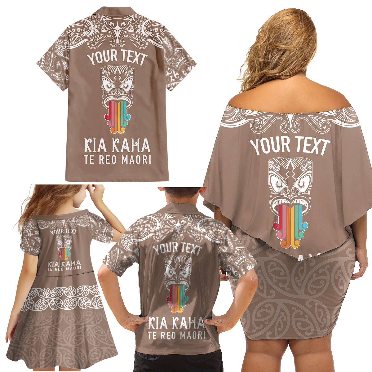 Personalised Kia Kaha Te Reo Maori Family Matching Off Shoulder Short Dress and Hawaiian Shirt Hei Tiki Mix Koru - Brown LT7 - Polynesian Pride