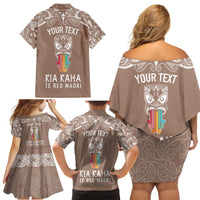 Personalised Kia Kaha Te Reo Maori Family Matching Off Shoulder Short Dress and Hawaiian Shirt Hei Tiki Mix Koru - Brown LT7 - Polynesian Pride