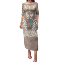 Personalised Kia Kaha Te Reo Maori Family Matching Puletasi Dress and Hawaiian Shirt Hei Tiki Mix Koru - Brown LT7 Mom's Dress Brown - Polynesian Pride