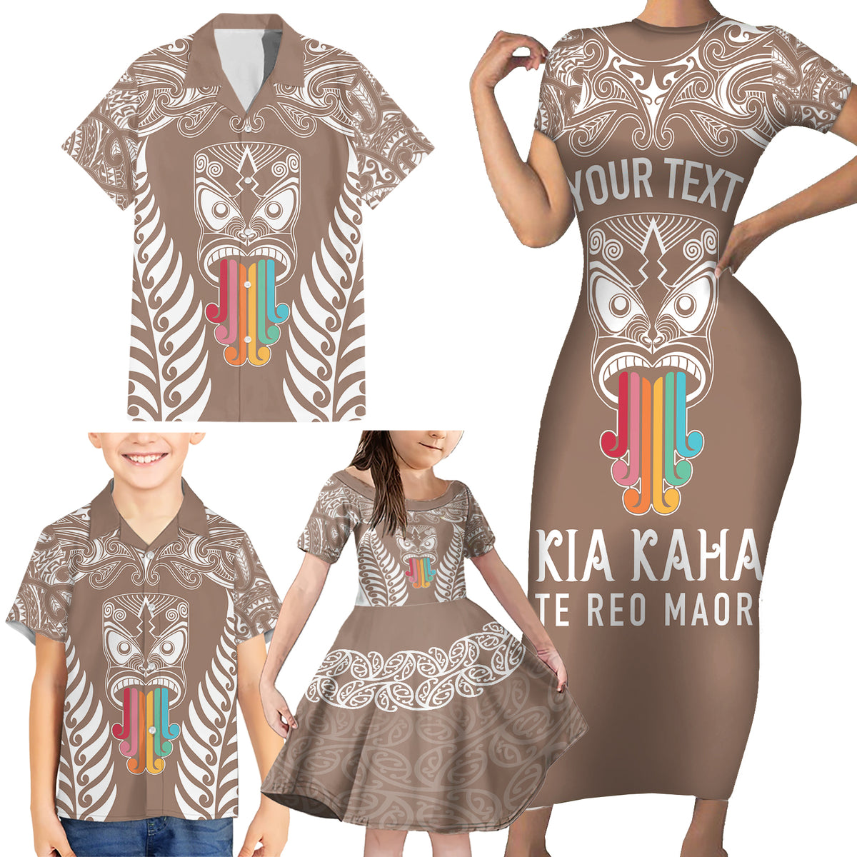 Personalised Kia Kaha Te Reo Maori Family Matching Short Sleeve Bodycon Dress and Hawaiian Shirt Hei Tiki Mix Koru - Brown LT7 - Polynesian Pride