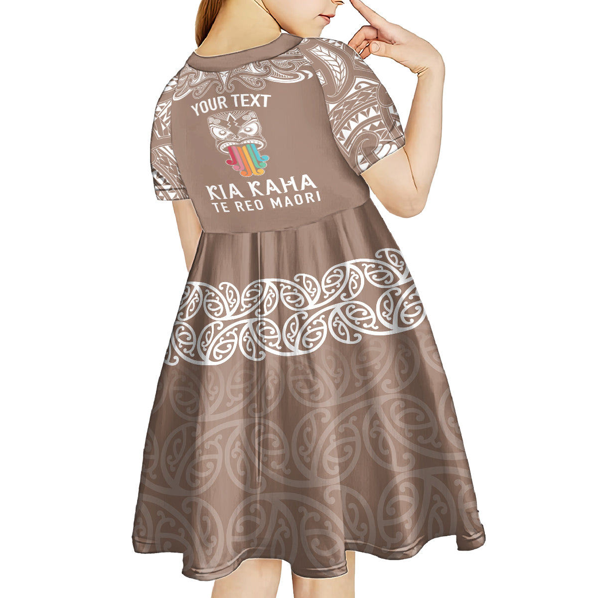 Personalised Kia Kaha Te Reo Maori Kid Short Sleeve Dress Hei Tiki Mix Koru - Brown LT7 - Polynesian Pride