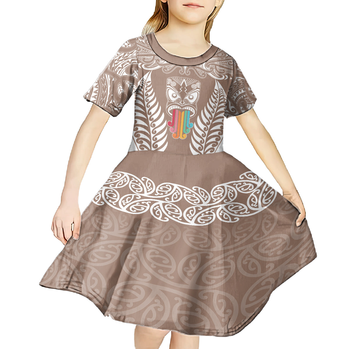 Personalised Kia Kaha Te Reo Maori Kid Short Sleeve Dress Hei Tiki Mix Koru - Brown LT7 - Polynesian Pride
