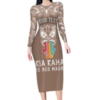 Personalised Kia Kaha Te Reo Maori Long Sleeve Bodycon Dress Hei Tiki Mix Koru - Brown LT7 Long Dress Brown - Polynesian Pride