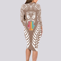 Personalised Kia Kaha Te Reo Maori Long Sleeve Bodycon Dress Hei Tiki Mix Koru - Brown LT7 - Polynesian Pride