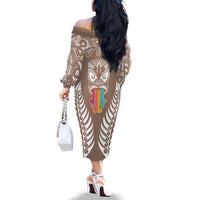 Personalised Kia Kaha Te Reo Maori Off The Shoulder Long Sleeve Dress Hei Tiki Mix Koru - Brown LT7 - Polynesian Pride