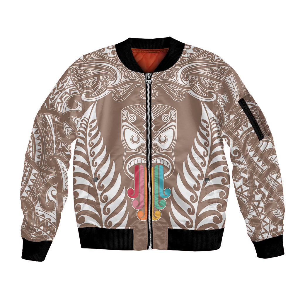 Personalised Kia Kaha Te Reo Maori Sleeve Zip Bomber Jacket Hei Tiki Mix Koru - Brown LT7 Unisex Brown - Polynesian Pride