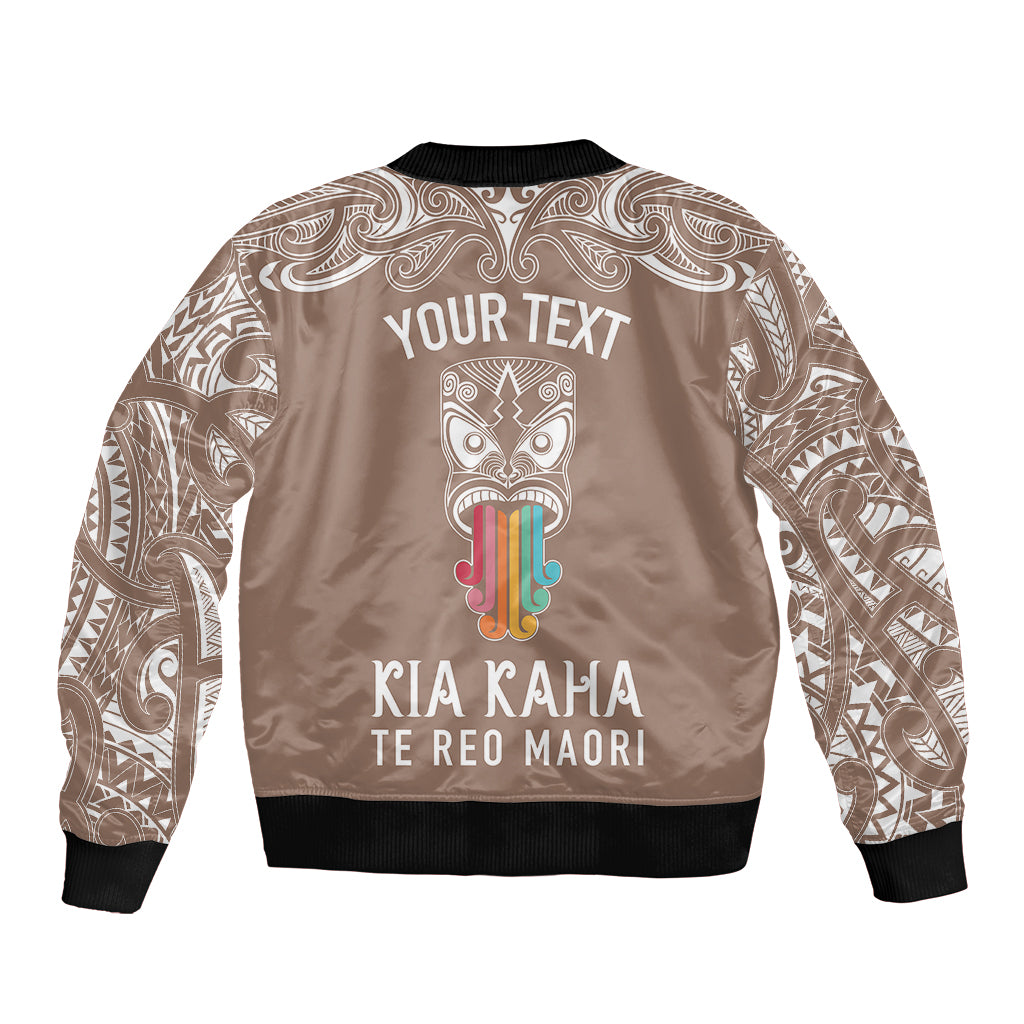 Personalised Kia Kaha Te Reo Maori Sleeve Zip Bomber Jacket Hei Tiki Mix Koru - Brown LT7 - Polynesian Pride