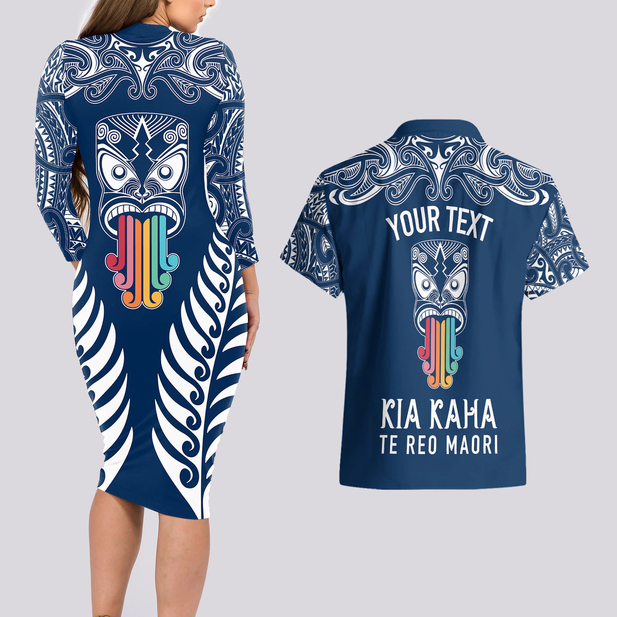 Personalised Kia Kaha Te Reo Maori Couples Matching Long Sleeve Bodycon Dress and Hawaiian Shirt Hei Tiki Mix Koru - Navy Blue LT7 - Polynesian Pride