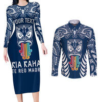 Personalised Kia Kaha Te Reo Maori Couples Matching Long Sleeve Bodycon Dress and Long Sleeve Button Shirts Hei Tiki Mix Koru - Navy Blue LT7 Navy - Polynesian Pride