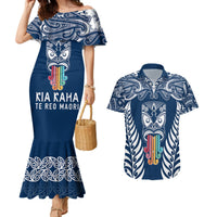 Personalised Kia Kaha Te Reo Maori Couples Matching Mermaid Dress and Hawaiian Shirt Hei Tiki Mix Koru - Navy Blue LT7 Navy - Polynesian Pride