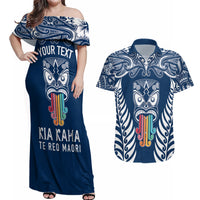 Personalised Kia Kaha Te Reo Maori Couples Matching Off Shoulder Maxi Dress and Hawaiian Shirt Hei Tiki Mix Koru - Navy Blue LT7 Navy - Polynesian Pride
