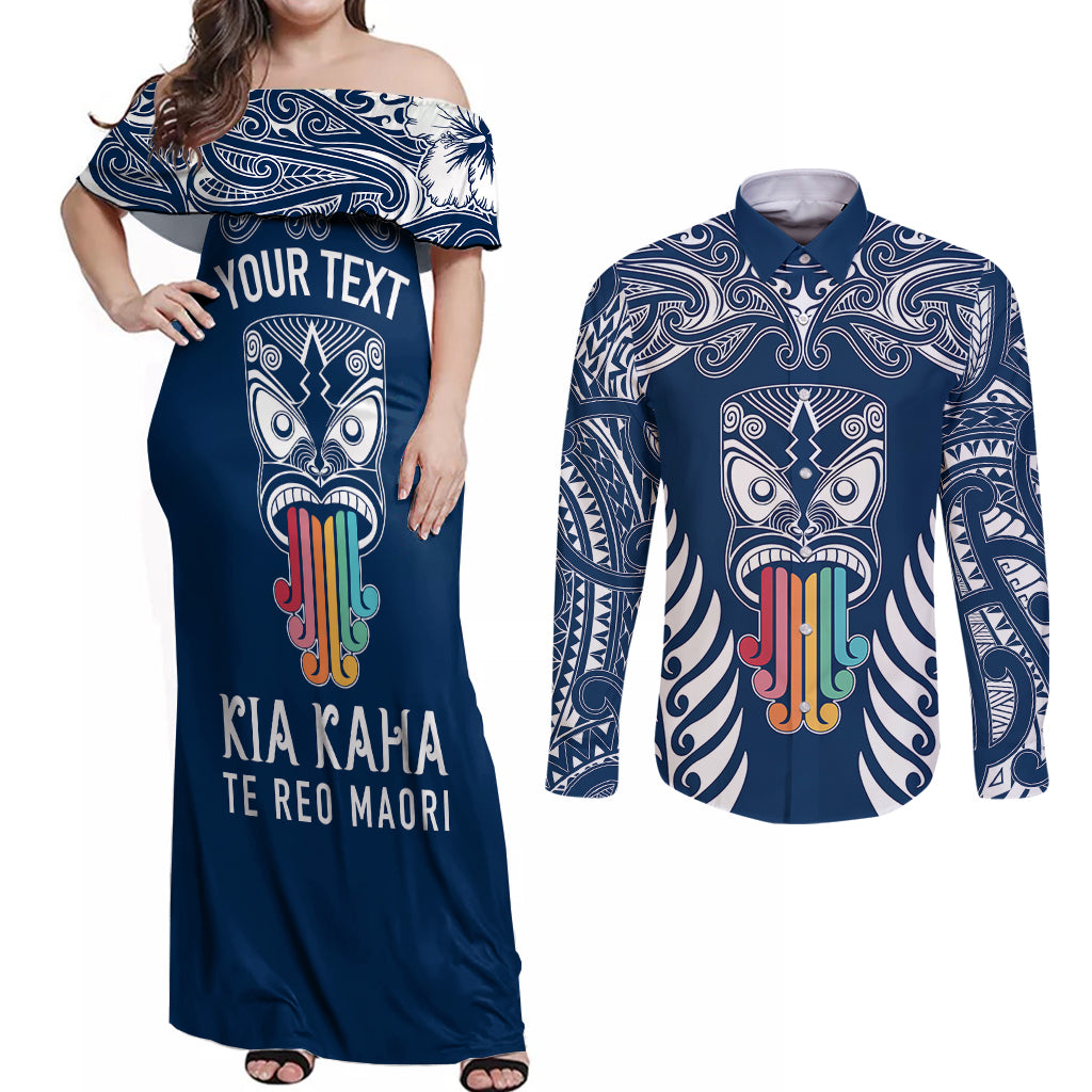 Personalised Kia Kaha Te Reo Maori Couples Matching Off Shoulder Maxi Dress and Long Sleeve Button Shirts Hei Tiki Mix Koru - Navy Blue LT7 Navy - Polynesian Pride