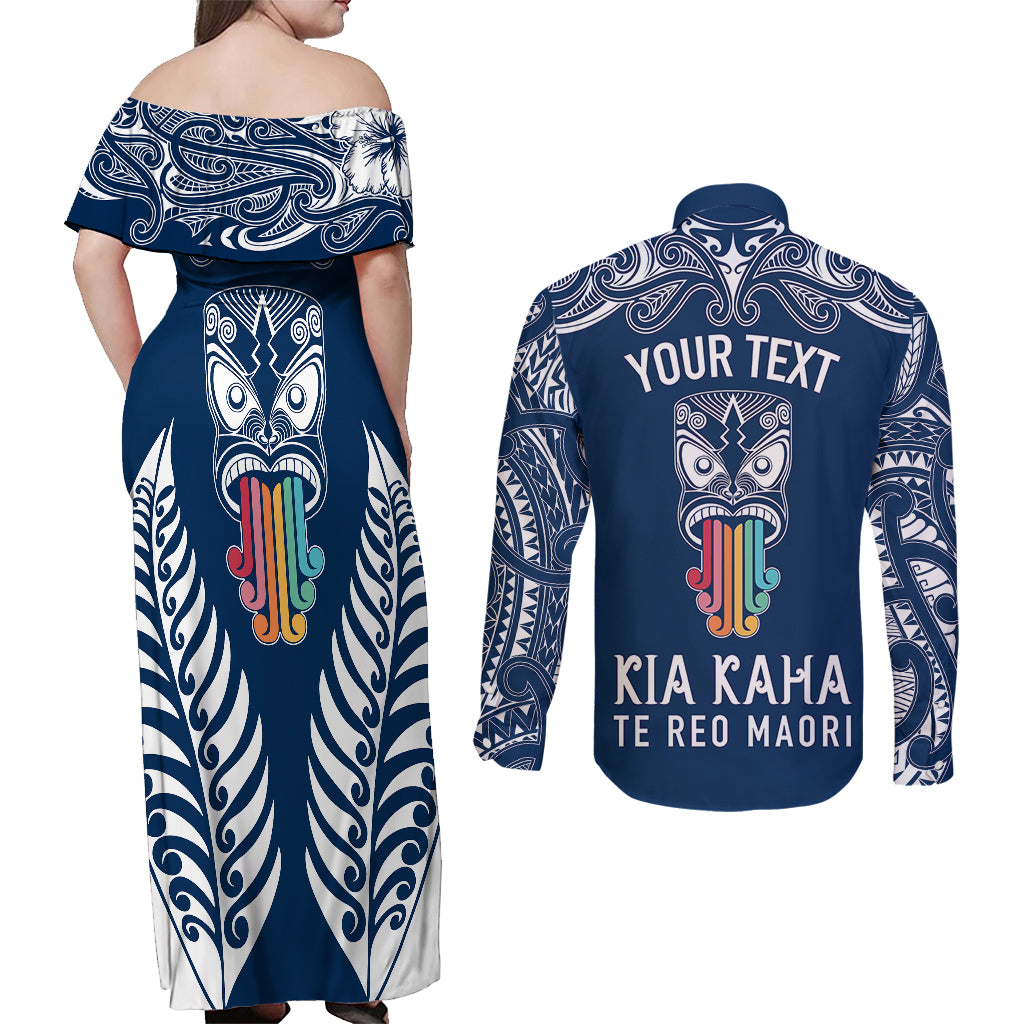 Personalised Kia Kaha Te Reo Maori Couples Matching Off Shoulder Maxi Dress and Long Sleeve Button Shirts Hei Tiki Mix Koru - Navy Blue LT7 - Polynesian Pride