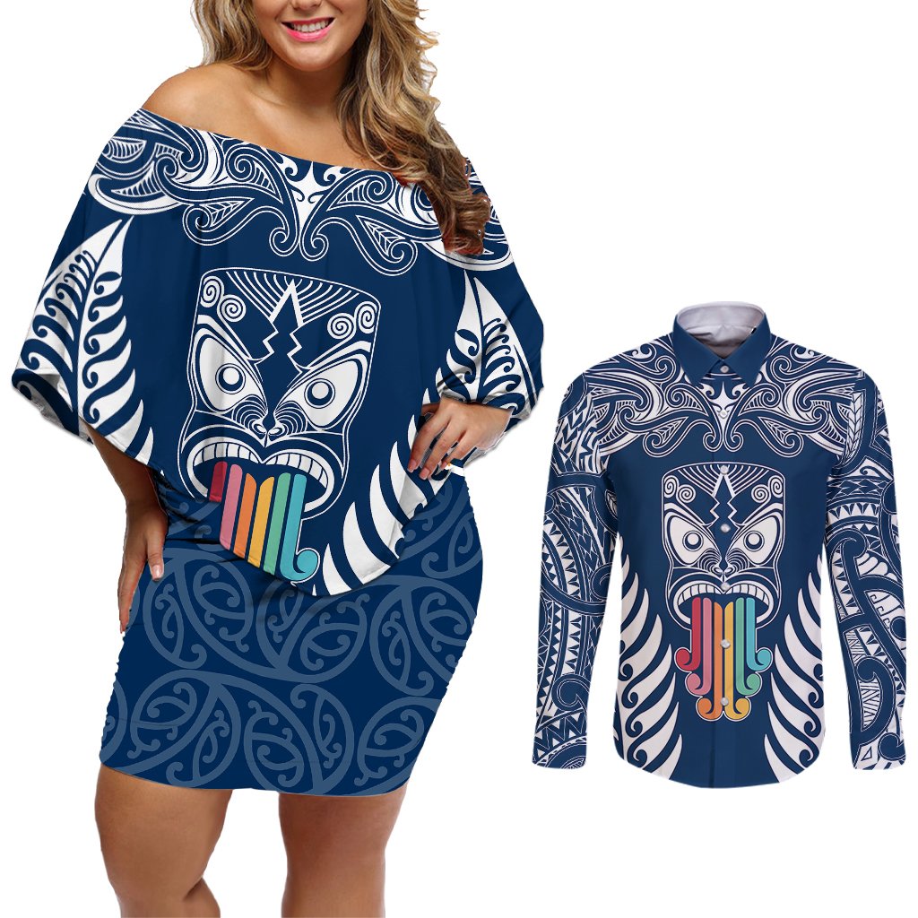 Personalised Kia Kaha Te Reo Maori Couples Matching Off Shoulder Short Dress and Long Sleeve Button Shirts Hei Tiki Mix Koru - Navy Blue LT7 Navy - Polynesian Pride