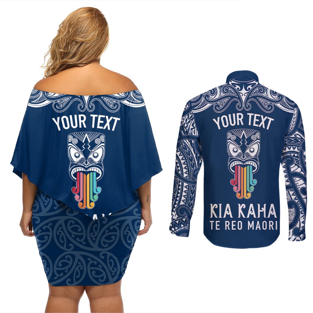Personalised Kia Kaha Te Reo Maori Couples Matching Off Shoulder Short Dress and Long Sleeve Button Shirts Hei Tiki Mix Koru - Navy Blue LT7 - Polynesian Pride