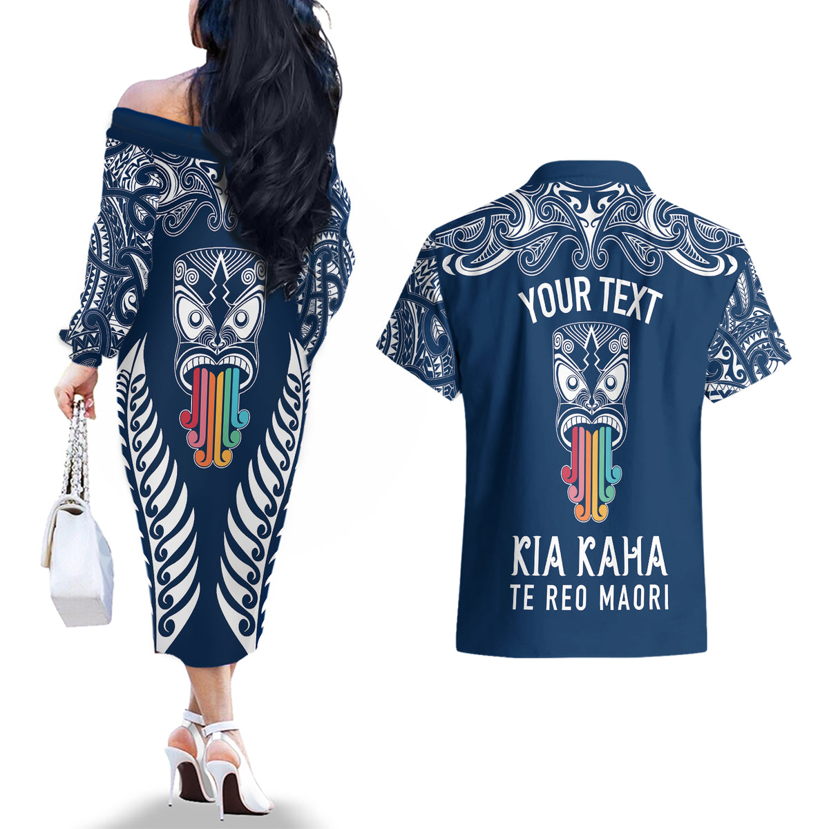 Personalised Kia Kaha Te Reo Maori Couples Matching Off The Shoulder Long Sleeve Dress and Hawaiian Shirt Hei Tiki Mix Koru - Navy Blue LT7 - Polynesian Pride