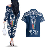 Personalised Kia Kaha Te Reo Maori Couples Matching Off The Shoulder Long Sleeve Dress and Hawaiian Shirt Hei Tiki Mix Koru - Navy Blue LT7 - Polynesian Pride