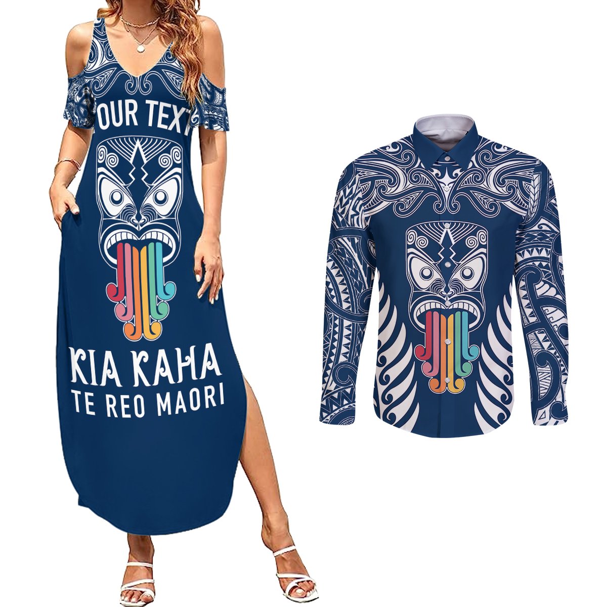 Personalised Kia Kaha Te Reo Maori Couples Matching Summer Maxi Dress and Long Sleeve Button Shirts Hei Tiki Mix Koru - Navy Blue LT7 Navy - Polynesian Pride