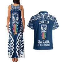 Personalised Kia Kaha Te Reo Maori Couples Matching Tank Maxi Dress and Hawaiian Shirt Hei Tiki Mix Koru - Navy Blue LT7 - Polynesian Pride
