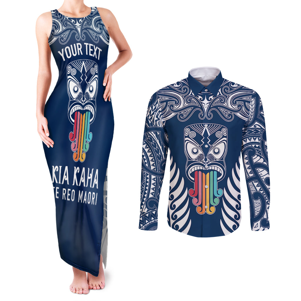 personalised-kia-kaha-te-reo-maori-couples-matching-tank-maxi-dress-and-long-sleeve-button-shirts-hei-tiki-mix-koru-navy-blue