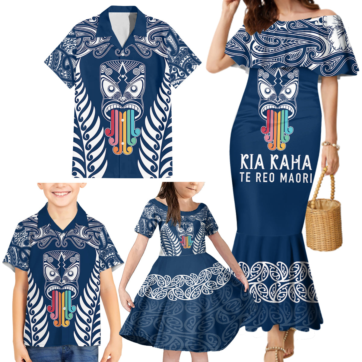 Personalised Kia Kaha Te Reo Maori Family Matching Mermaid Dress and Hawaiian Shirt Hei Tiki Mix Koru - Navy Blue LT7 - Polynesian Pride