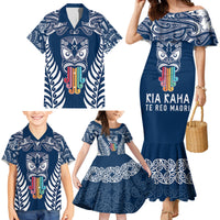 Personalised Kia Kaha Te Reo Maori Family Matching Mermaid Dress and Hawaiian Shirt Hei Tiki Mix Koru - Navy Blue LT7 - Polynesian Pride