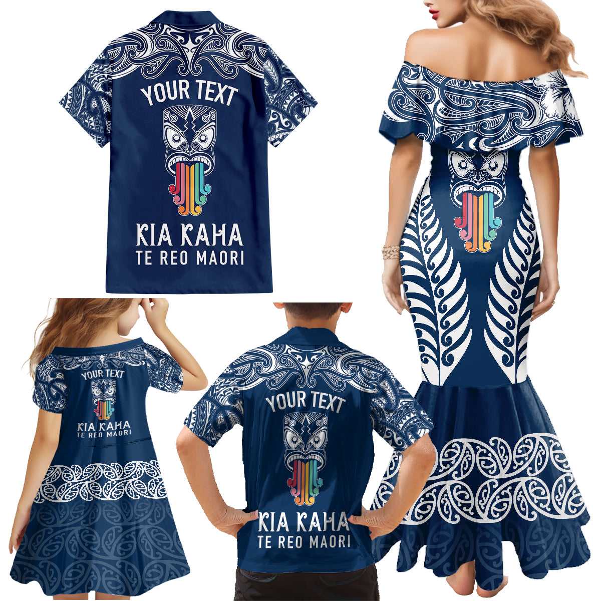 Personalised Kia Kaha Te Reo Maori Family Matching Mermaid Dress and Hawaiian Shirt Hei Tiki Mix Koru - Navy Blue LT7 - Polynesian Pride